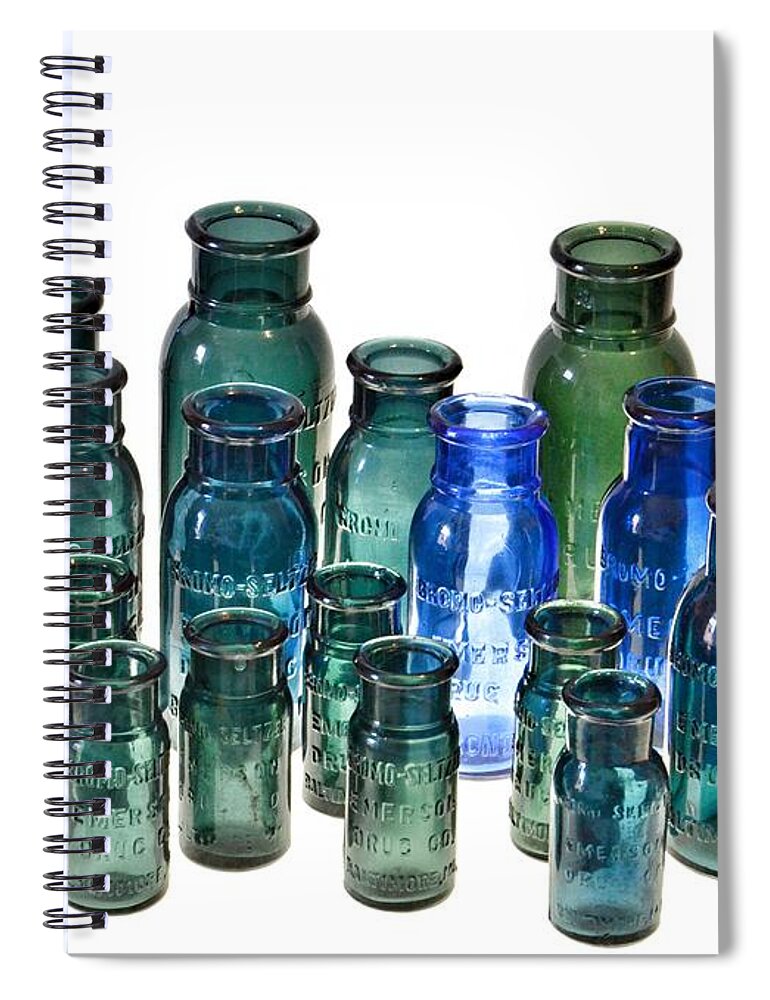 Bromo Seltzer Vintage Glass Bottles Spiral Notebook featuring the photograph Bromo Seltzer Vintage Glass Bottles Collection by Marianna Mills