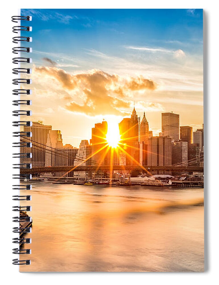 America Spiral Notebook featuring the photograph Brooklyn Bridge and the Lower Manhattan skyline at sunset by Mihai Andritoiu
