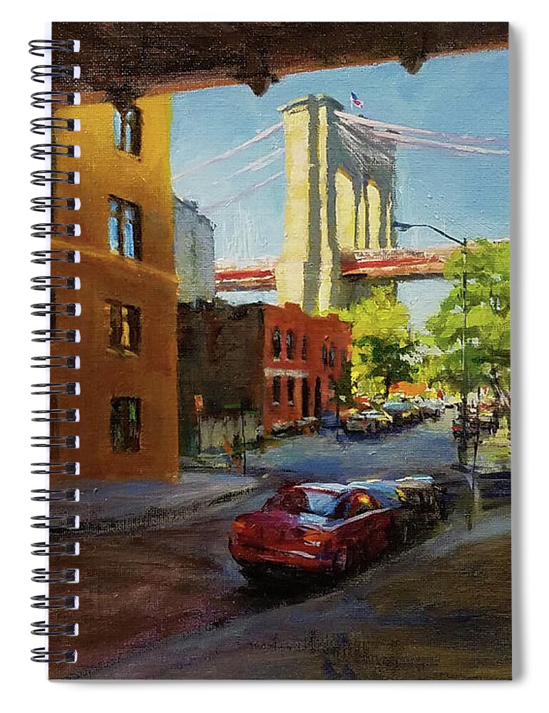 Landscape Spiral Notebook featuring the painting Brooklyn Bridge from Everit Street by Peter Salwen