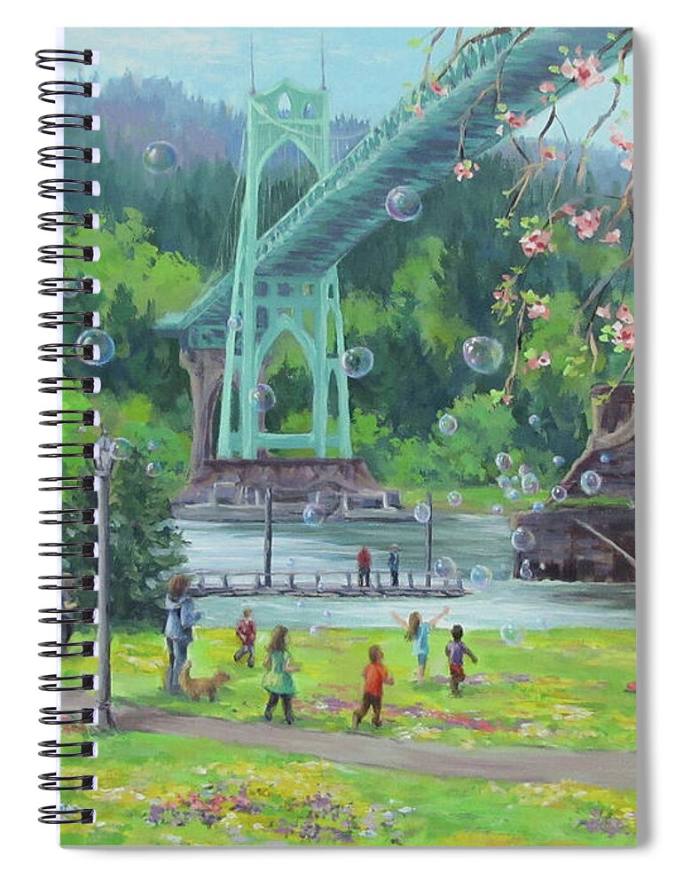 Portland Spiral Notebook featuring the painting Bubbly Bridge by Karen Ilari