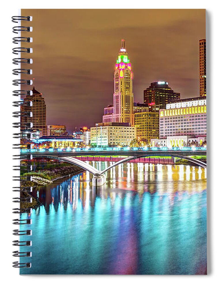 Columbus Skyline Spiral Notebook featuring the photograph Buckeye Skyline - Columbus at Night on the Water by Gregory Ballos
