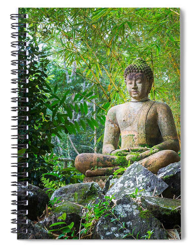 Asian Spiral Notebook featuring the photograph Buddha statue in bamboo forest by Steven Heap