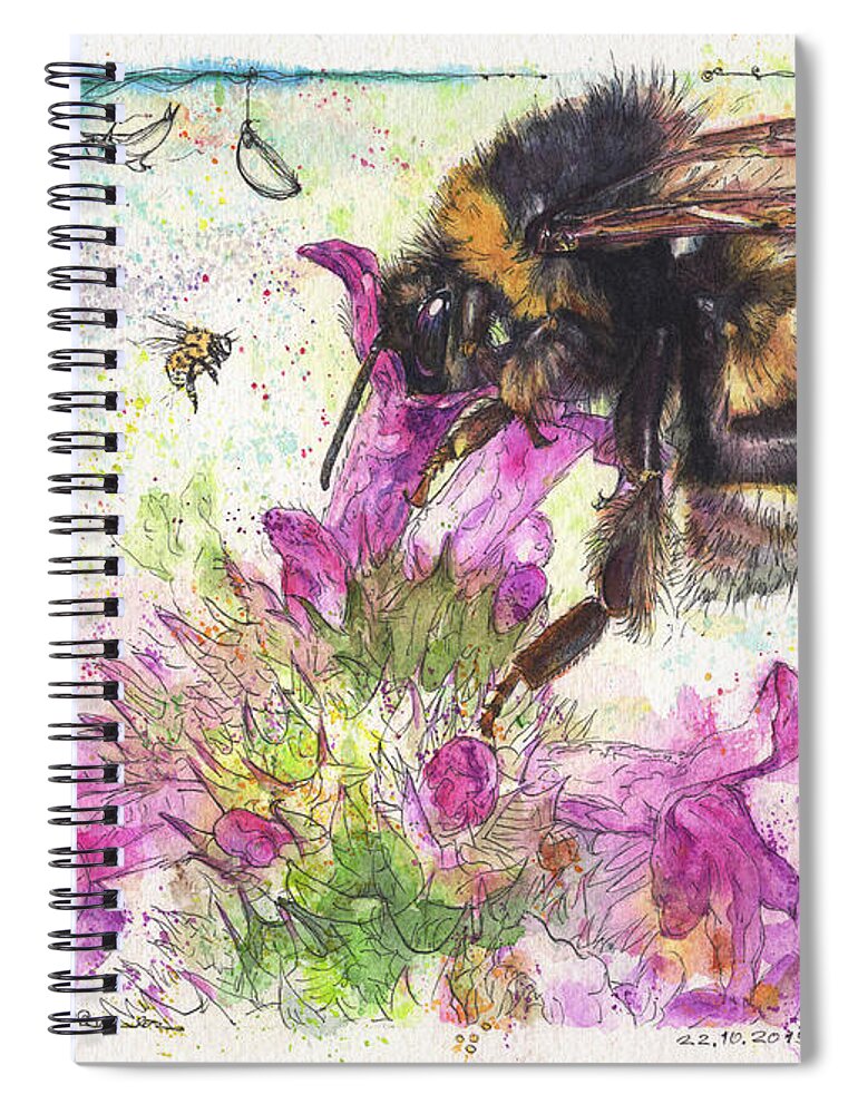 Bees Spiral Notebook featuring the painting Bumble Bee on flower by Petra Rau