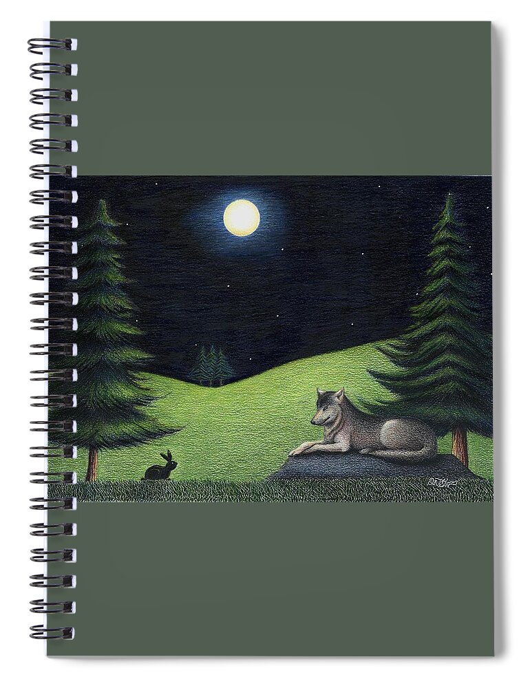 Bunny Spiral Notebook featuring the drawing Bunny Visits Wolf by Danielle R T Haney