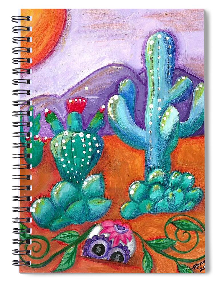 Sugar Skull Spiral Notebook featuring the painting Buried Sugar Skull in Desert by Monica Resinger
