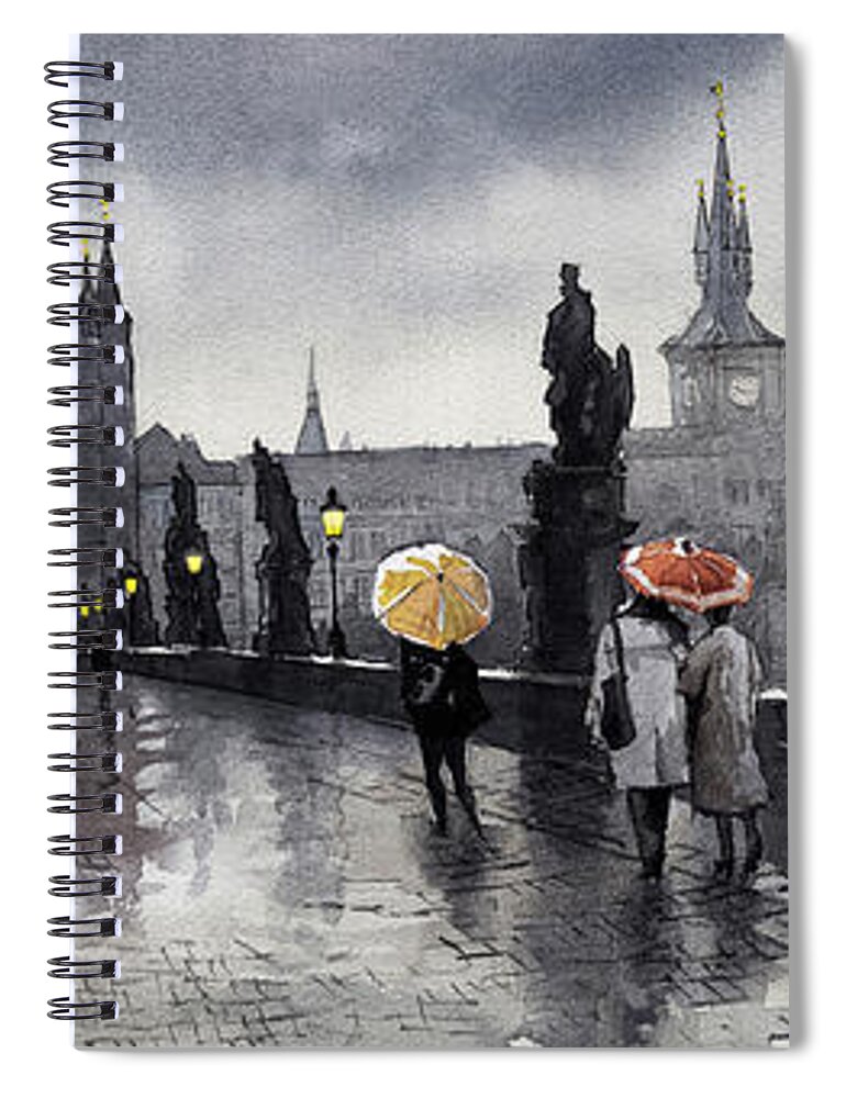 Prague Spiral Notebook featuring the painting BW Prague Charles Bridge 05 by Yuriy Shevchuk