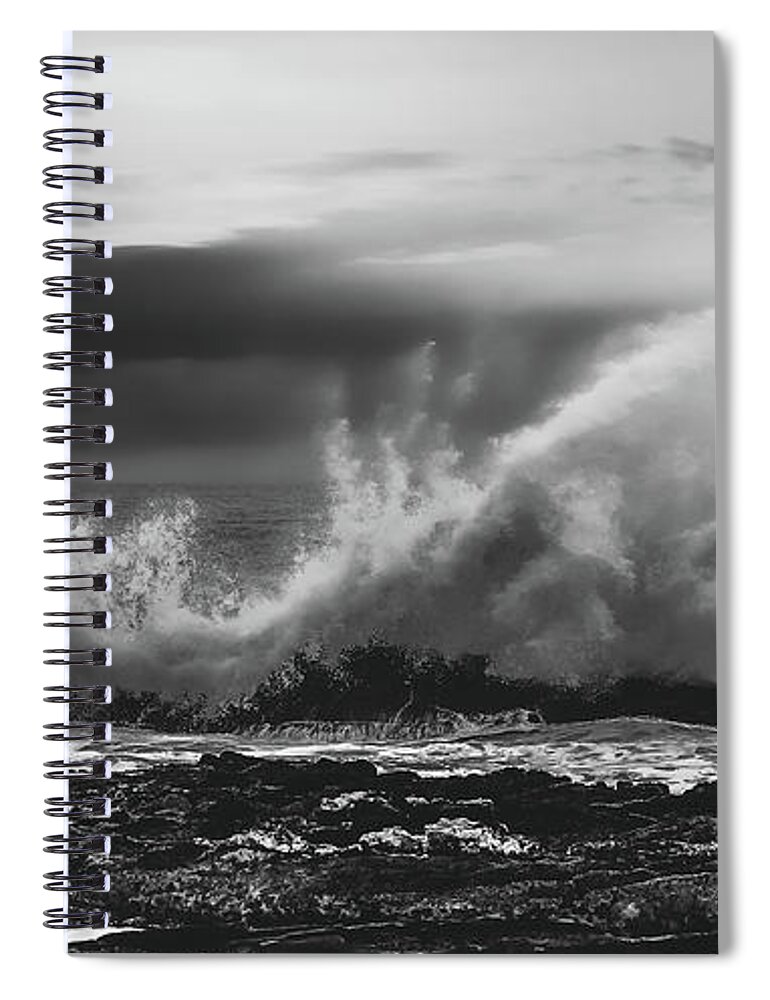 15 July 2013 Spiral Notebook featuring the photograph BW Waves Crashing on Tsitsikamma South Africa with Clouds by Jeff at JSJ Photography
