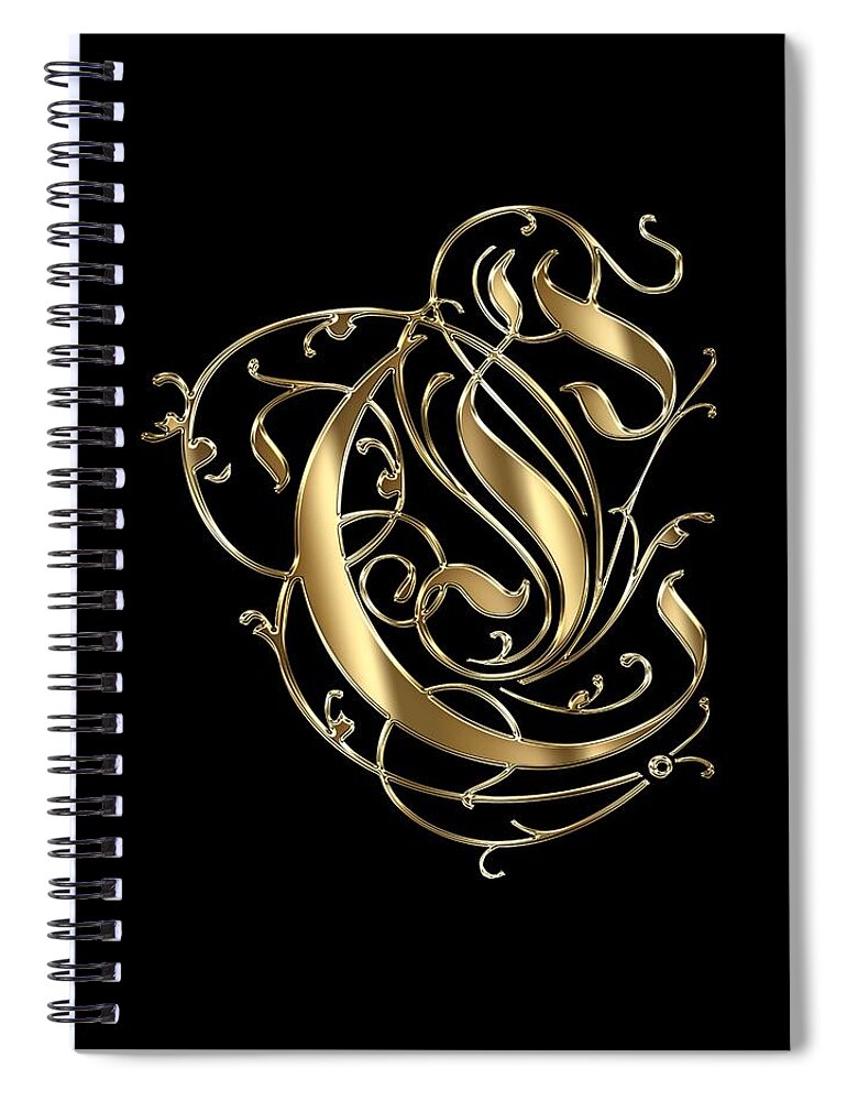 Gold Letter C Spiral Notebook featuring the painting C Ornamental Letter Gold Typography by Georgeta Blanaru