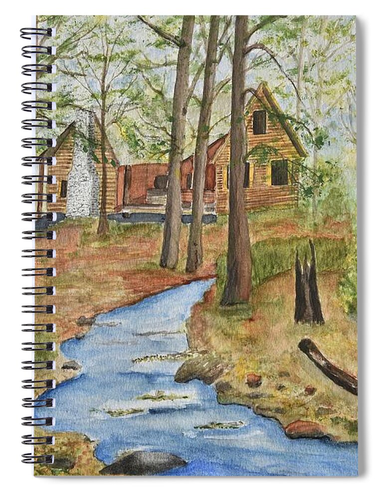 Linda Brody Spiral Notebook featuring the painting Cabin in the Woods by Linda Brody