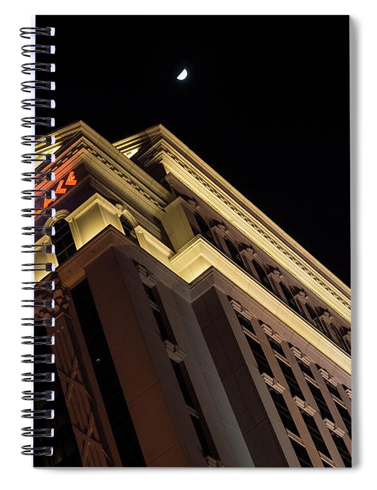Georgia Mizuleva Spiral Notebook featuring the photograph Caesars Palace with a Half Moon - Midnight in Las Vegas by Georgia Mizuleva