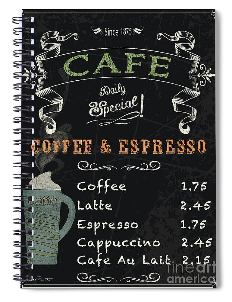 Jean Plout Spiral Notebook featuring the painting Cafe Blackboard Coffee Menu-JP3046 by Jean Plout