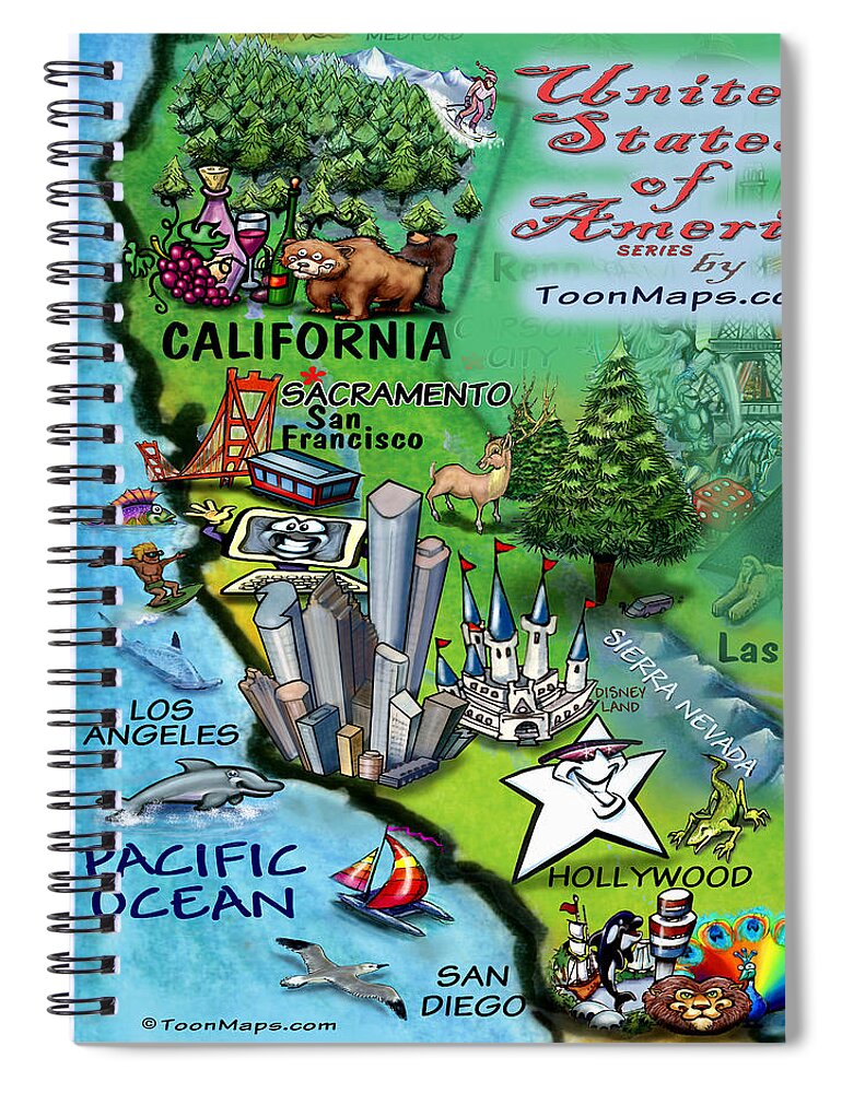California Spiral Notebook featuring the digital art California Fun Map by Kevin Middleton