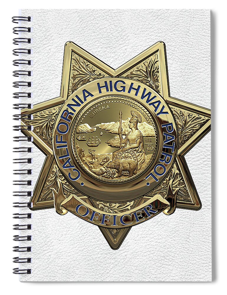 'law Enforcement Insignia & Heraldry' Collection By Serge Averbukh Spiral Notebook featuring the digital art California Highway Patrol - C H P Police Officer Badge over White Leather by Serge Averbukh