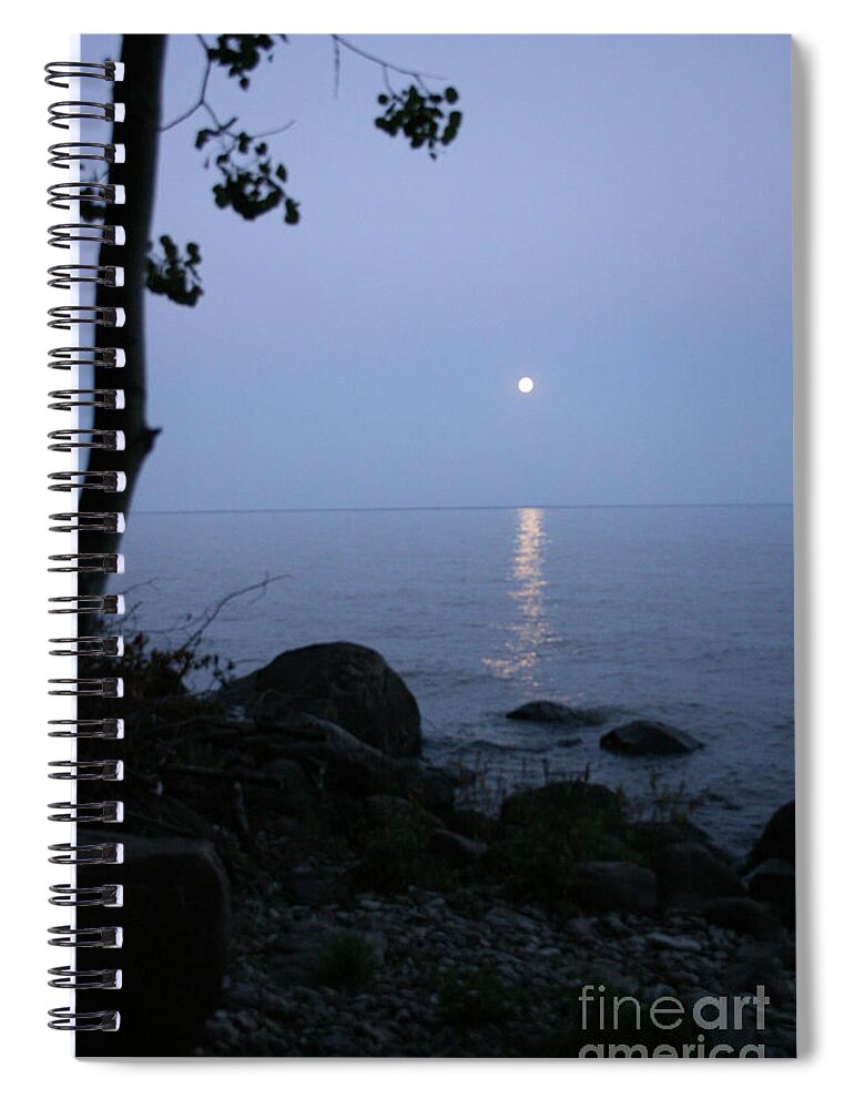 Calm Lake Spiral Notebook featuring the photograph Calm Lake and Moon by Mary Mikawoz