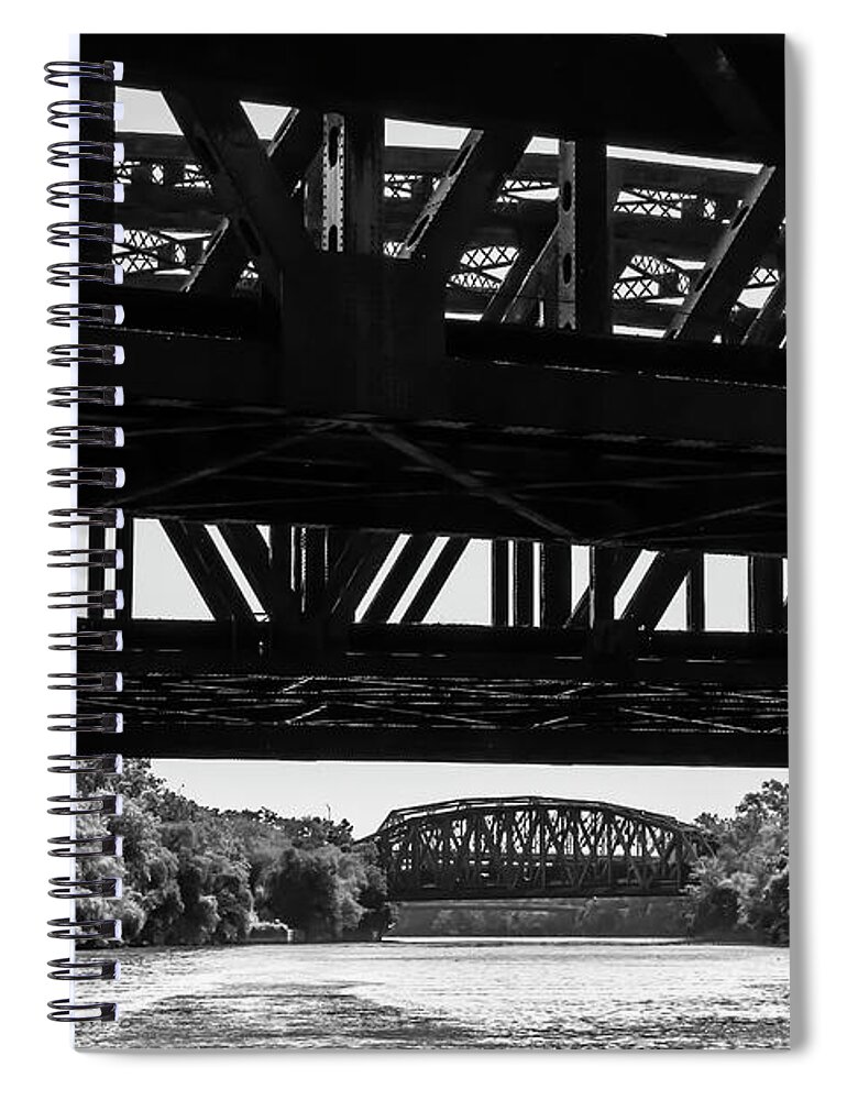 Cal-sag Channel Spiral Notebook featuring the photograph Calumet River bridges in Black and White by Sven Brogren