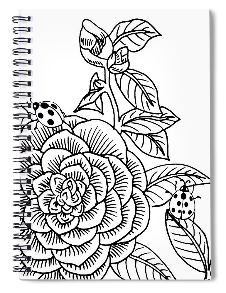 Camellia Spiral Notebook featuring the drawing Camellia And Ladybugs Drawing by Irina Sztukowski