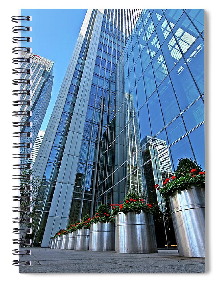 London Spiral Notebook featuring the photograph Canary Wharf Financial District Reflections London by Gill Billington