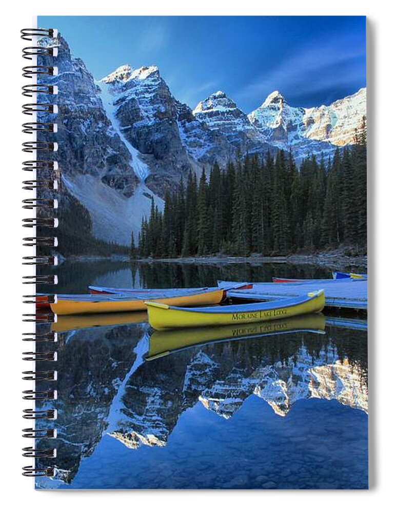 Moraine Lake Spiral Notebook featuring the photograph Canoes In Paradise by Adam Jewell