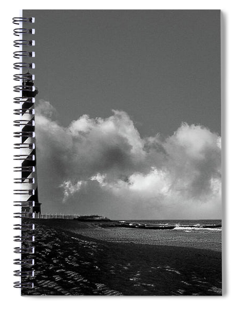 Lighthouses; Lighthouse; Lighthouses Of North Carolina; Lights; Spiral Notebook featuring the photograph Cape Hatteras Lighthouse In Nc Black And White by Skip Willits