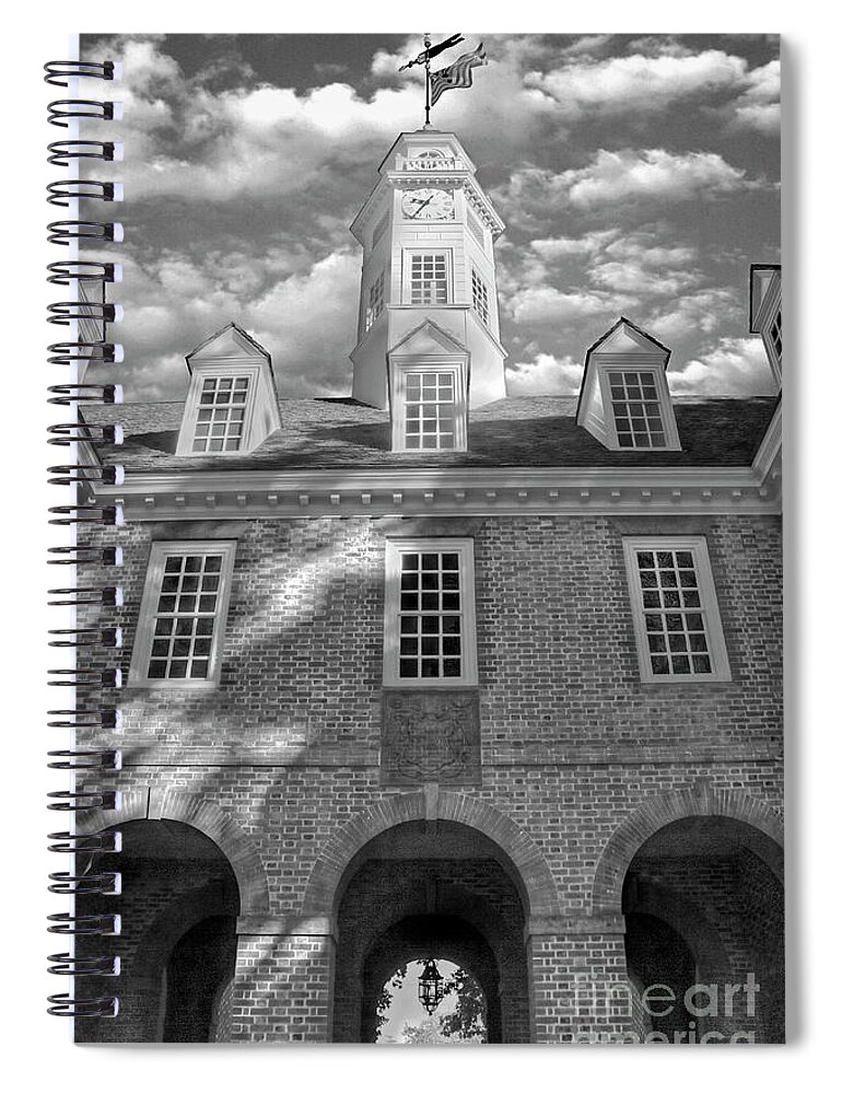 Colonial Williamsburg Capital Building Autumn Fall Leaves Color Morning Duke Of Gloucester Street Virginia Clouds Blue Sky Flag Black And White Spiral Notebook featuring the photograph Capital Colonial Williamsburg B and W by Karen Jorstad