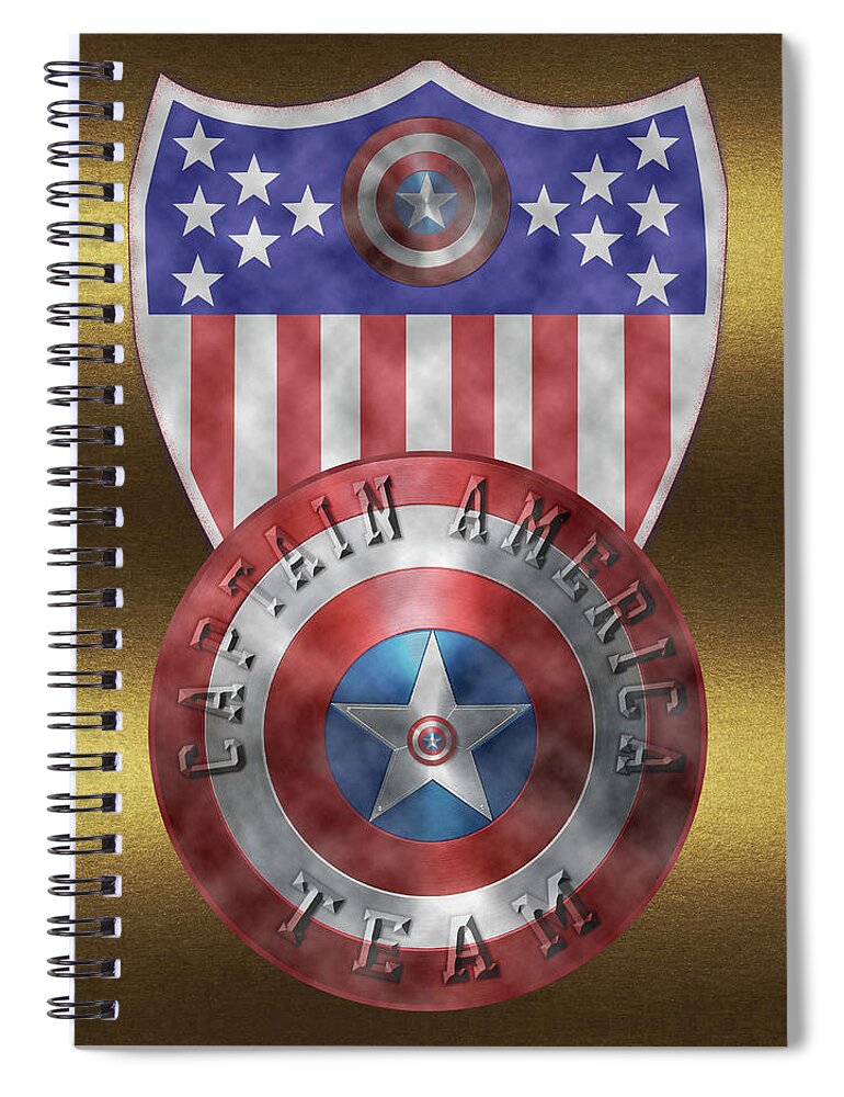 Captain America Shield Spiral Notebook featuring the painting Captain America Shields on Gold by Georgeta Blanaru