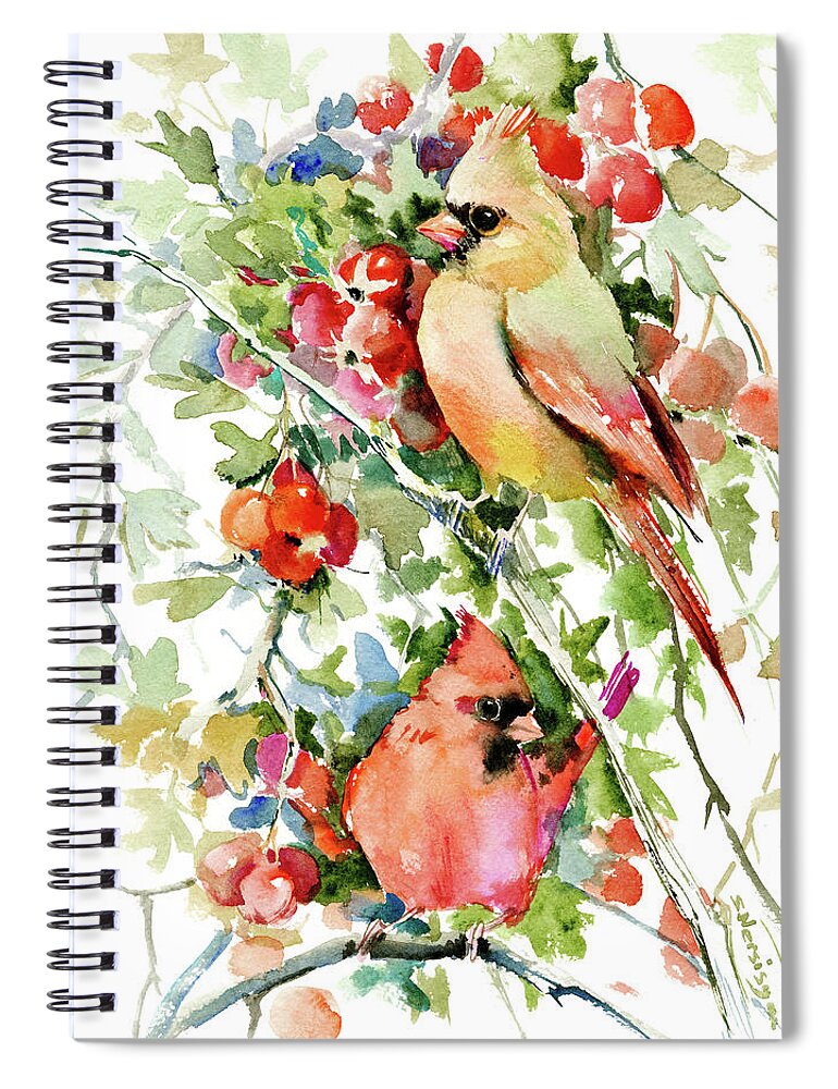 Cardinal Spiral Notebook featuring the painting Cardinal Birds and Hawthorn by Suren Nersisyan