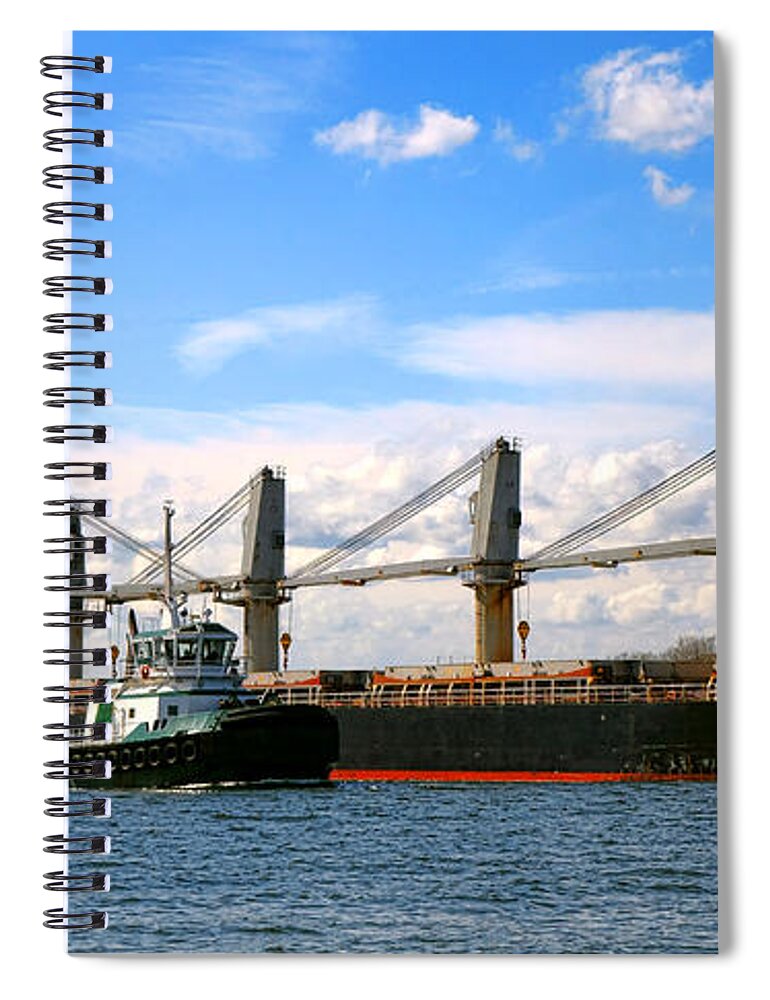 Freight Spiral Notebook featuring the photograph Cargo Ship and Tugboats by Olivier Le Queinec