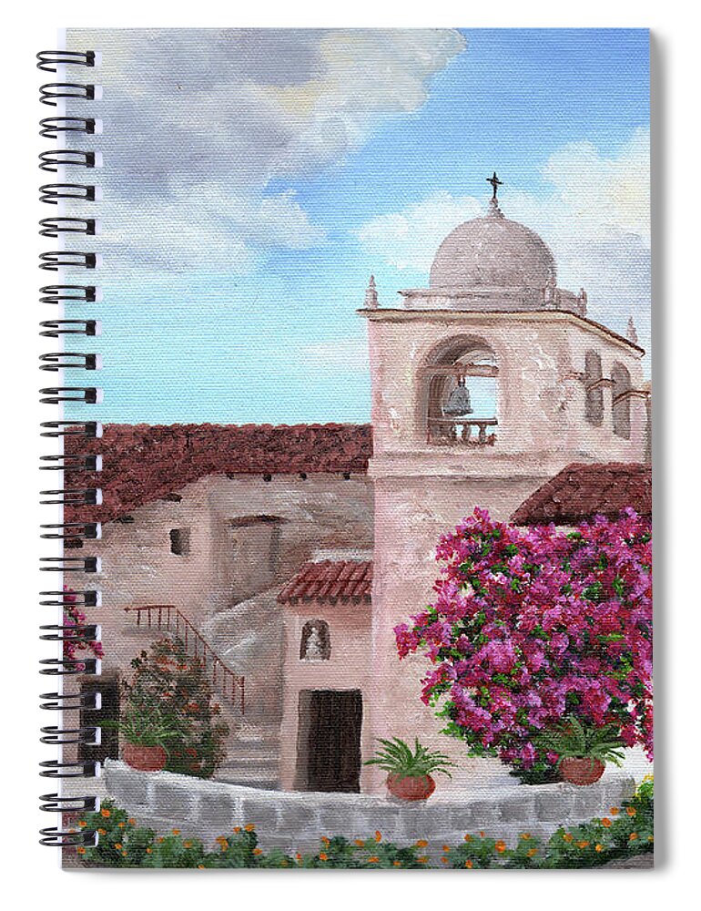 California Spiral Notebook featuring the painting Carmel Mission in Spring by Laura Iverson