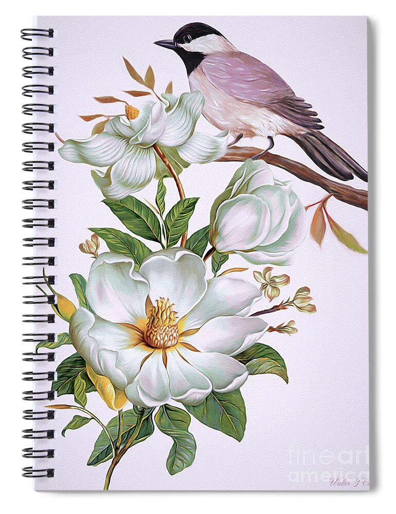 Carolina Chickadee Spiral Notebook featuring the digital art Carolina Chickadee and Magnolia Flower by Walter Colvin