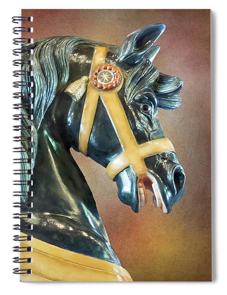 Port Dalhousie Spiral Notebook featuring the photograph Carousel Black Stallion Head by Leslie Montgomery