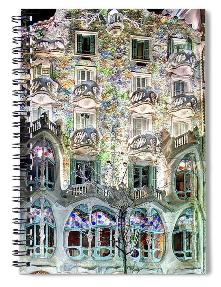 Casa Batllo Spiral Notebook featuring the photograph Casa Batllo at night - Gaudi by Weston Westmoreland