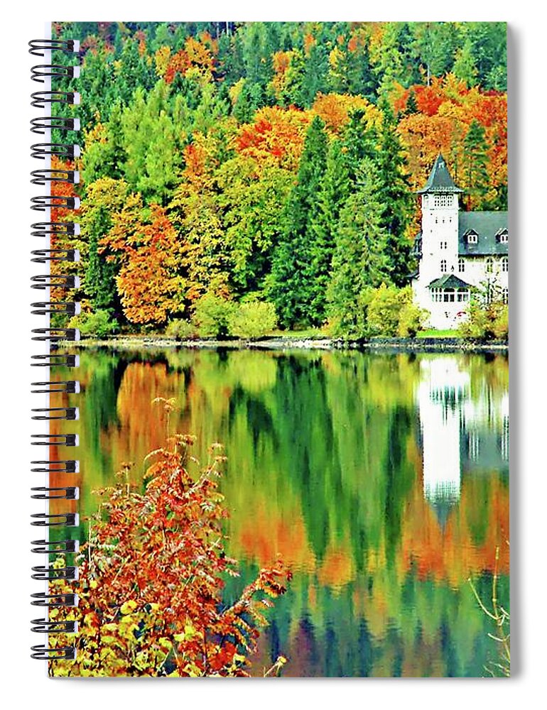 Europe Spiral Notebook featuring the digital art Castle on the Lake, Lake District, Salzburg, Austria by Joseph Hendrix