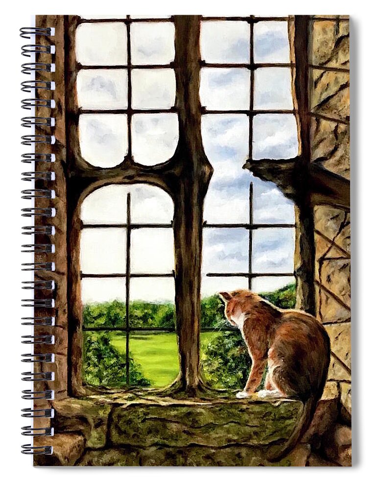 Cat Spiral Notebook featuring the painting Cat in the Castle Window-Close Up by Dr Pat Gehr