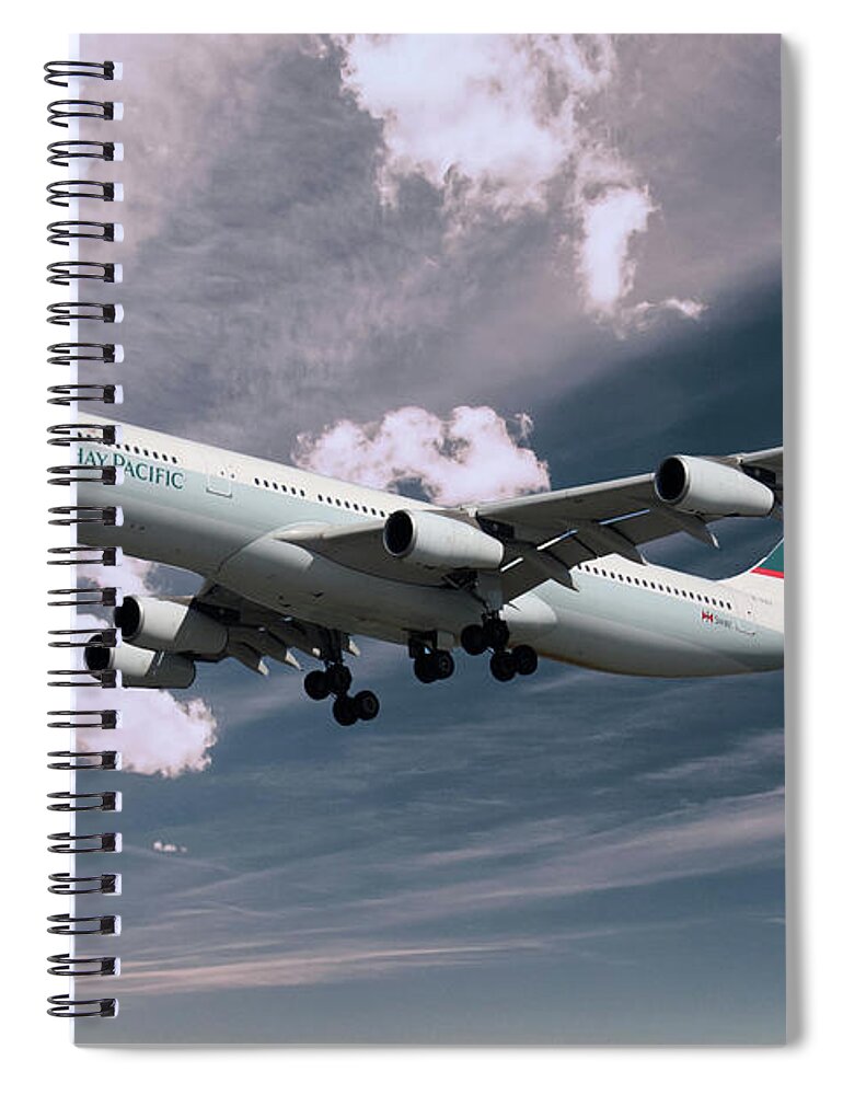 Airbus A340 Spiral Notebook featuring the digital art Cathay Pacific Airbus A340-313X by Airpower Art