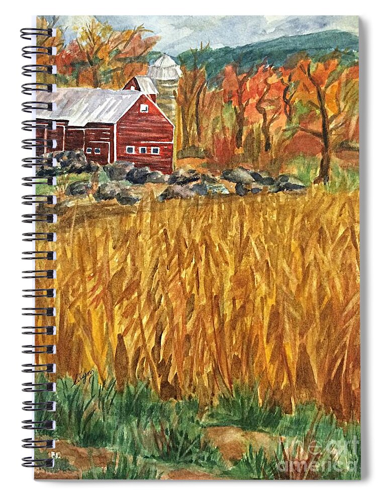 Red Barn Spiral Notebook featuring the painting Red Barn And Cornfields Catskills Autumn by Ellen Levinson
