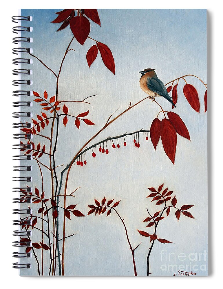 Bird Spiral Notebook featuring the painting Cedar Waxwing by Laura Tasheiko