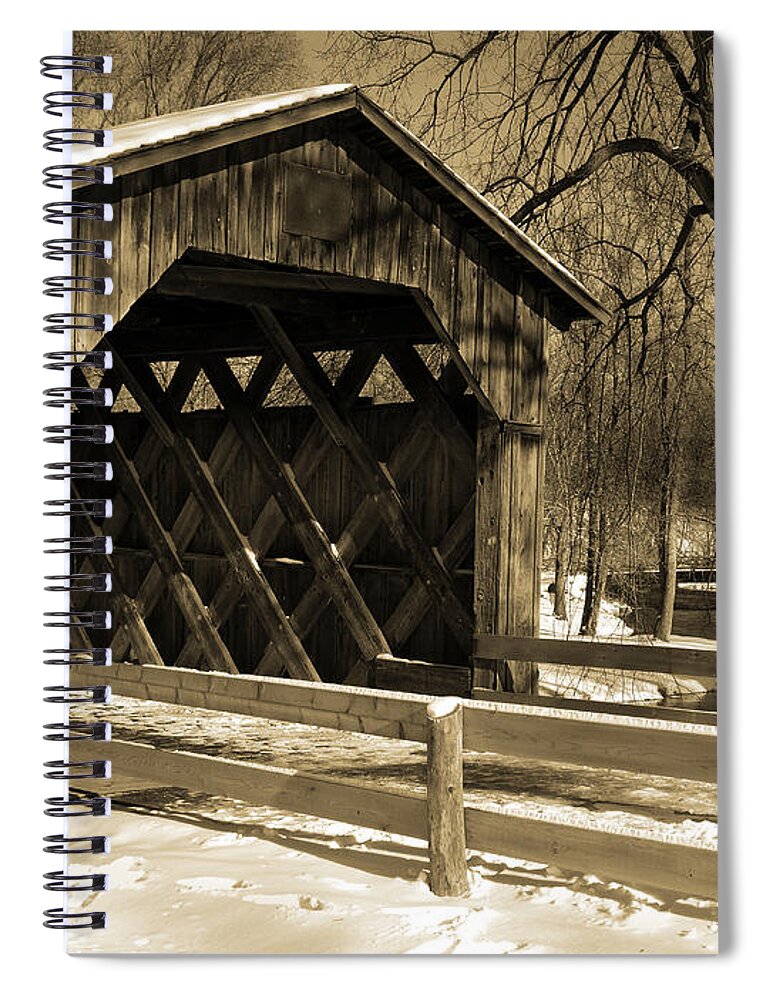 Covered Bridge Spiral Notebook featuring the photograph Cedarburg Covered Bridge in Winter Sepia by David T Wilkinson