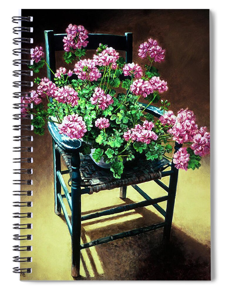 Flowers Spiral Notebook featuring the painting Chair with Geraniums by Marie Witte