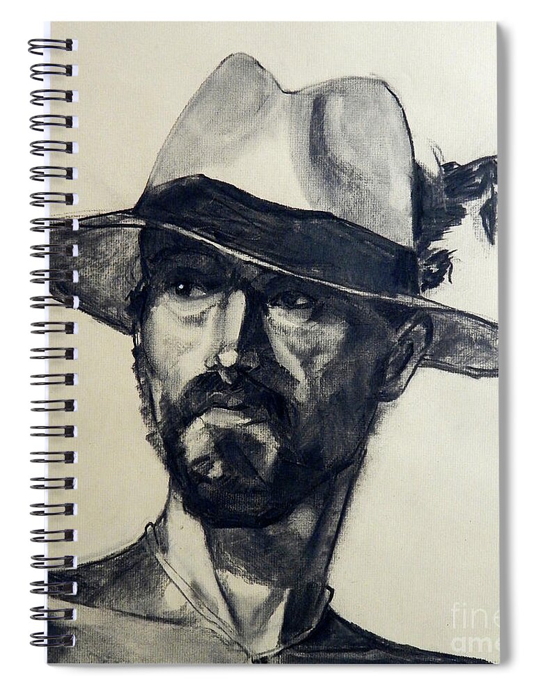 Greta Corens Portraits Spiral Notebook featuring the painting Charcoal Portrait of a Man Wearing a Summer Hat by Greta Corens