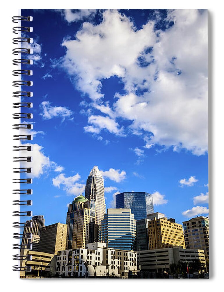 121 West Trade Spiral Notebook featuring the photograph Charlotte Skyline Blue Sky and Clouds by Paul Velgos