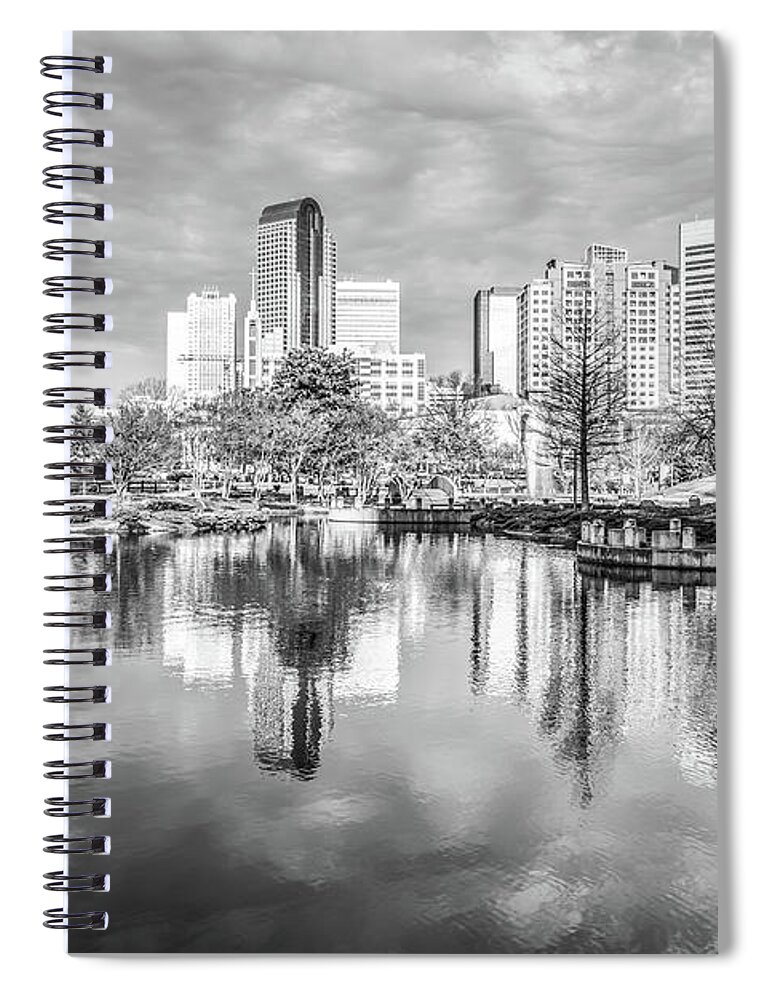 America Spiral Notebook featuring the photograph Charlotte Skyline Reflection Black and White Photo by Paul Velgos