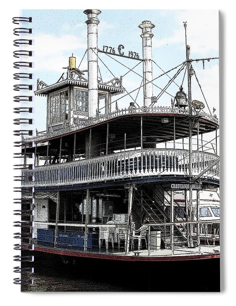 Chautauqua Belle Spiral Notebook featuring the photograph Chautauqua Belle Steamboat with Ink Sketch Effect by Rose Santuci-Sofranko