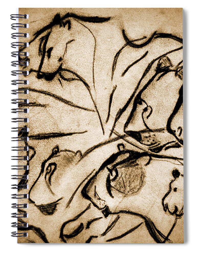 Chauvet Cave Lions Spiral Notebook featuring the photograph Chauvet Cave Lions Burned Leather by Weston Westmoreland