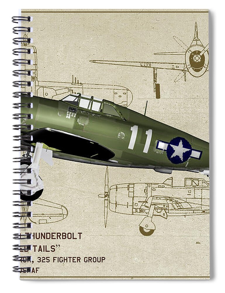 325th Fg/317th Fs Spiral Notebook featuring the digital art Checker Tails P-47 - Profile Art by Tommy Anderson