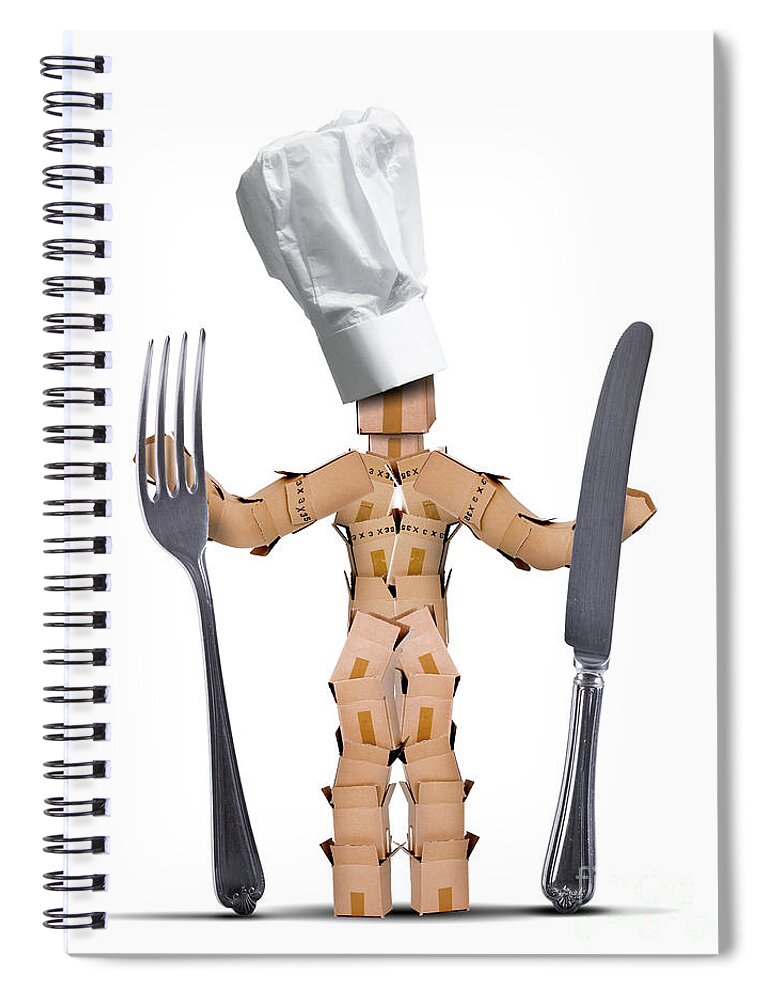 Kitchen Spiral Notebook featuring the digital art Chef box man Character with cutlery by Simon Bratt