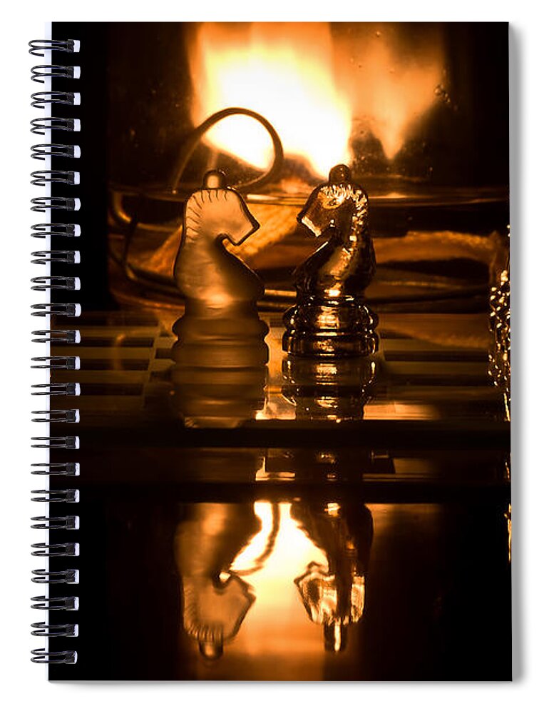 Macro Spiral Notebook featuring the photograph Chess Knights and Flame by Lori Coleman