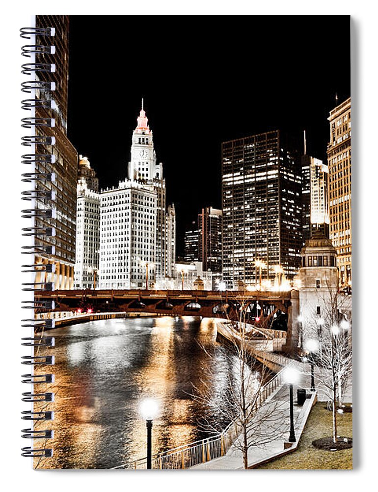 America Spiral Notebook featuring the photograph Chicago at Night at Wabash Avenue Bridge by Paul Velgos