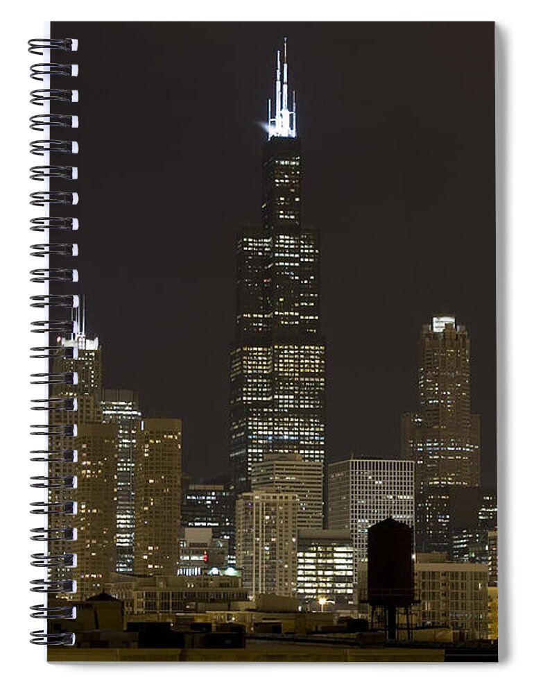 City Sky Skyline Wind Windy Windycity Il Chicago Night Dark Light Lights Street Building Tall House Spiral Notebook featuring the photograph Chicago At Night I by Andrei Shliakhau