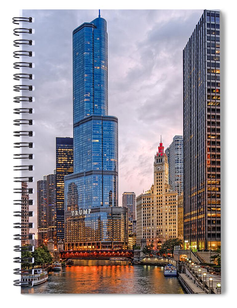 City Spiral Notebook featuring the photograph Chicago Riverwalk Equitable Wrigley Building and Trump International Tower and Hotel at Sunset by Silvio Ligutti