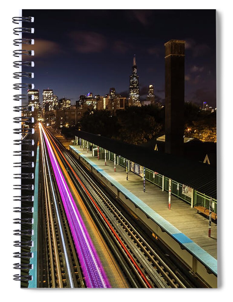 Chicago Spiral Notebook featuring the photograph Chicago skyline and train lights by Sven Brogren